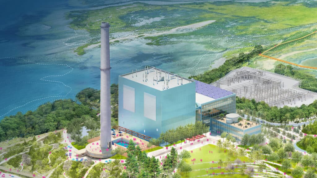 Aerial rendering of Manresa Wilds showing the blue power plant building and smokestack surrounded by green parkland and water, highlighting a major adaptive reuse project.