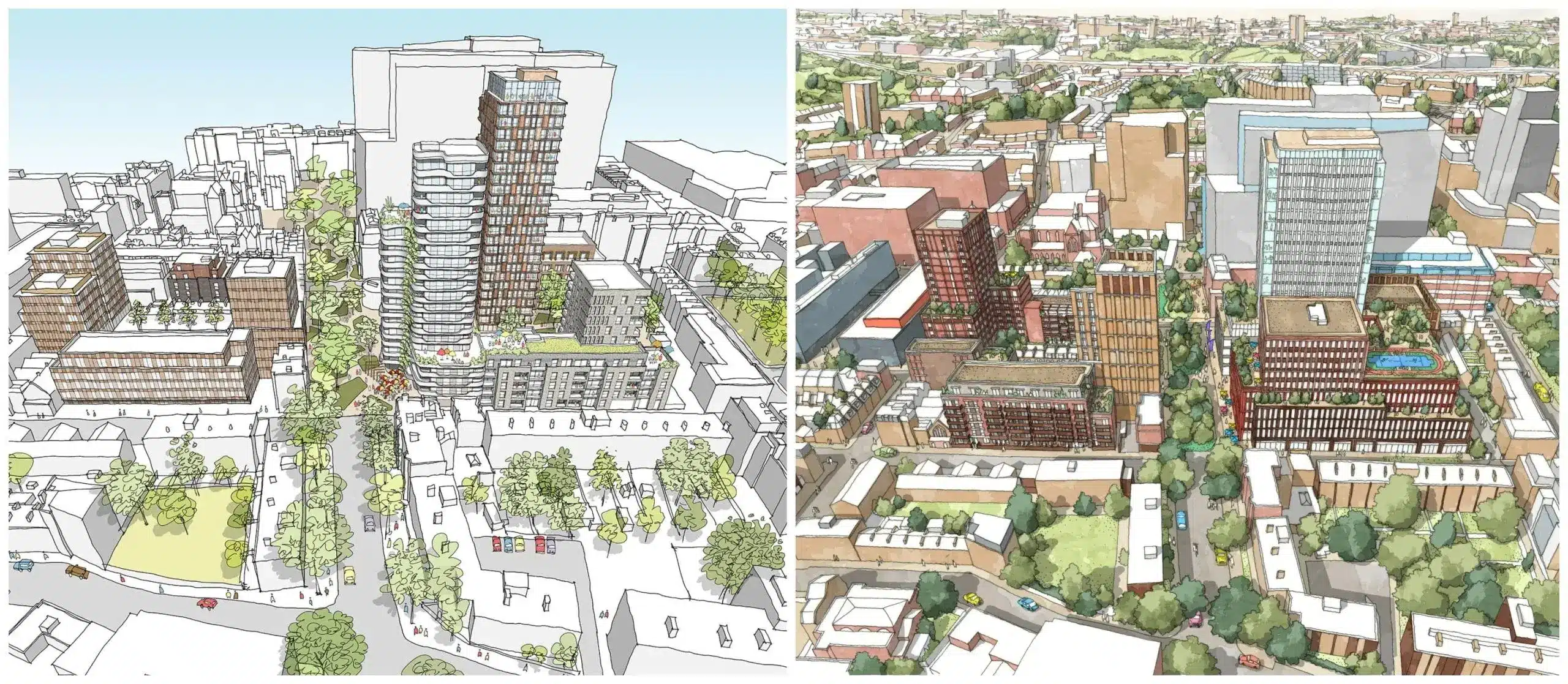 Aerial rendering of the Whitechapel Life Sciences project, showing the full scope of the mixed-use campus with clinical, residential, and public buildings in East London.