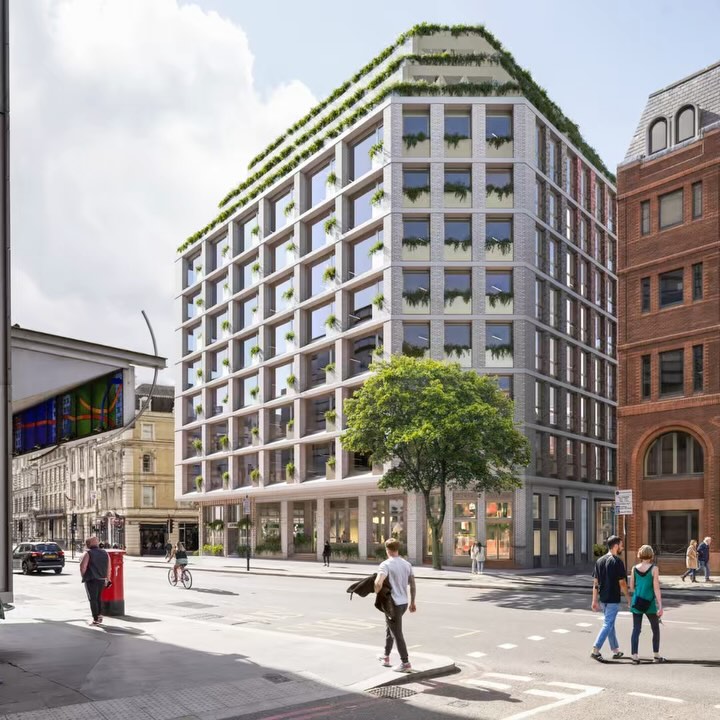 Exterior rendering of the deep retrofit project in central London, featuring a modernized 1950s grid facade with integrated vertical greenery and active street life near Blackfriars.