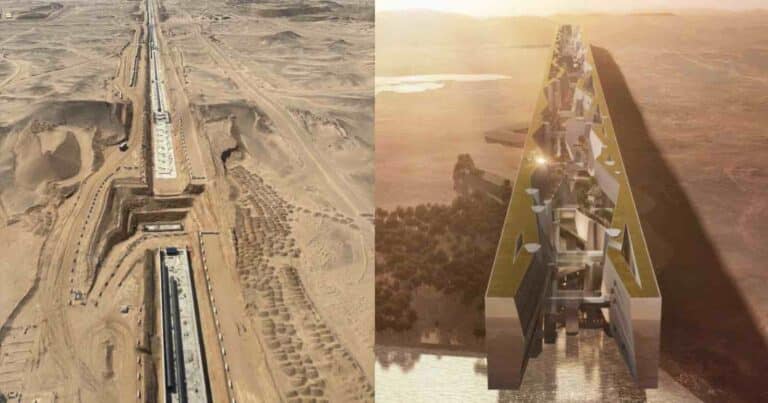 A composite image contrasting the rendered green, multi-layered interior of The Line with an aerial photo of the actual massive construction excavation in the desert.