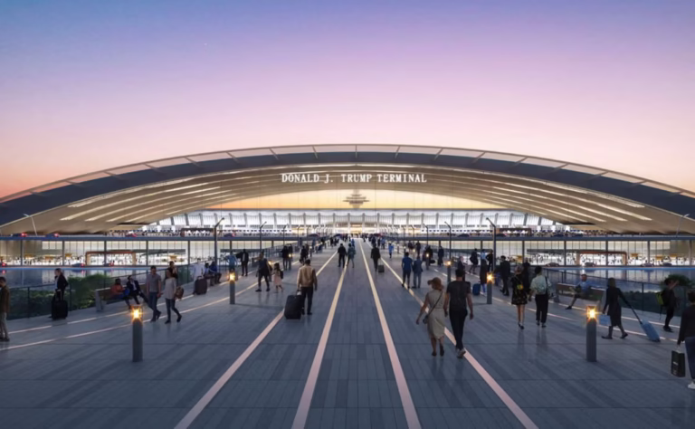 Conceptual rendering of a proposed airport terminal with a massive arched roof and symmetrical promenade, illustrating the new federal vision for transportation infrastructure design.
