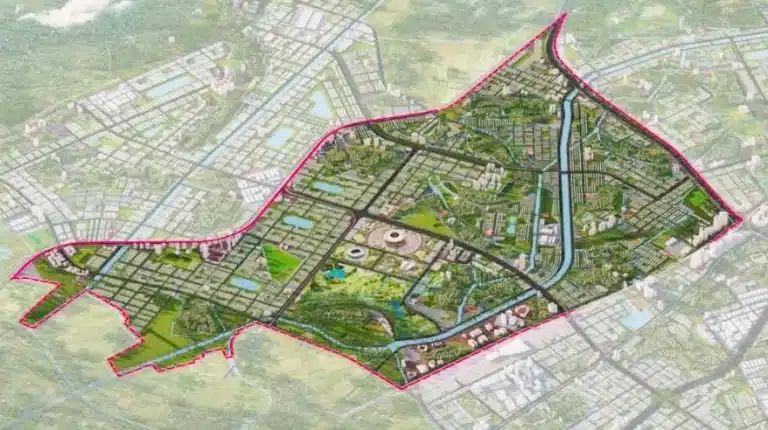 Masterplan map of the Hanoi Olympic Sports Urban Area showing the stadium location, residential zones, and river systems within a 9,000-hectare boundary.