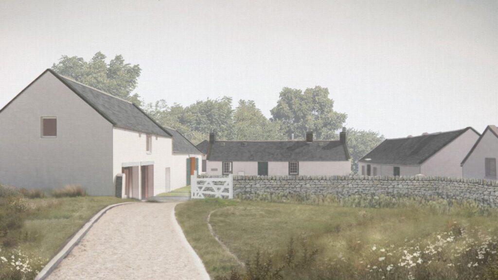 View of traditional white-washed Scottish farm buildings, a white wooden gate, and a dry stone wall surrounded by mature trees.