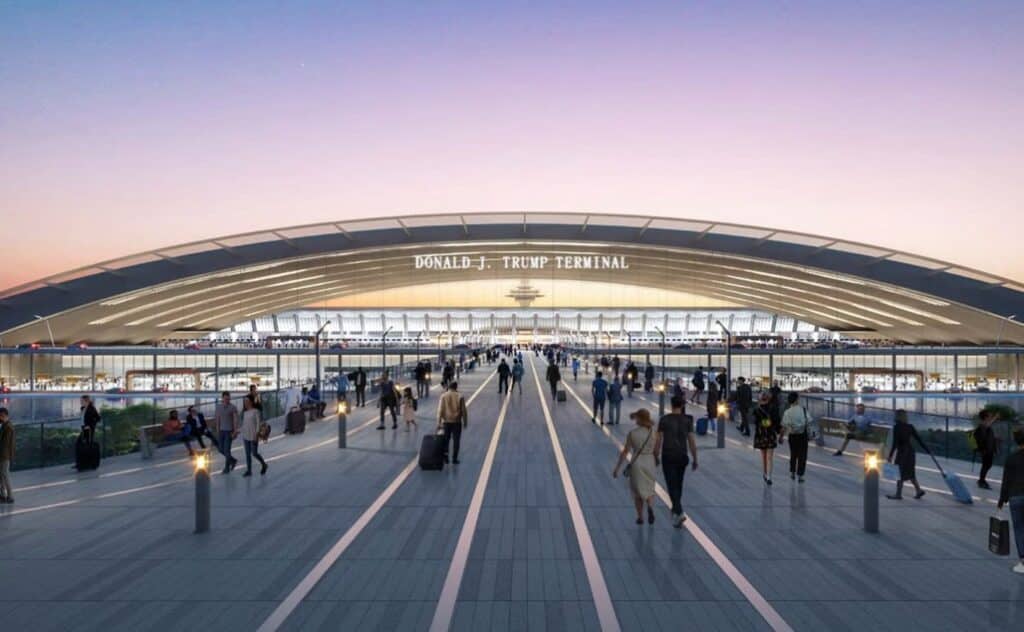 تصور افتراضي لمحطة مطار مقترحة تتميز بسقف مقوس ضخم وممشى متماثل، مما يوضح الرؤية الفيدرالية الجديدة في تصميم البنية التحتية للنقل.