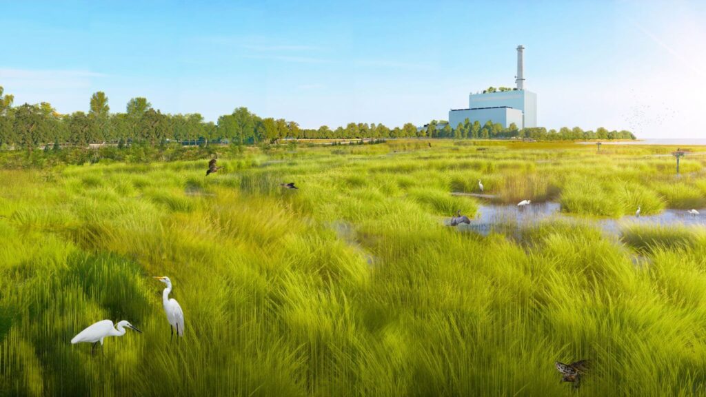 A lush green wetland marsh with white egrets and wildlife, showing the Manresa Wilds ecological restoration efforts with the industrial plant visible in the far distance.