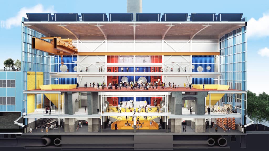 Architectural cross-section of the Turbine Hall showing multiple levels of civic spaces, event areas, and preserved industrial cranes within the steel structure.