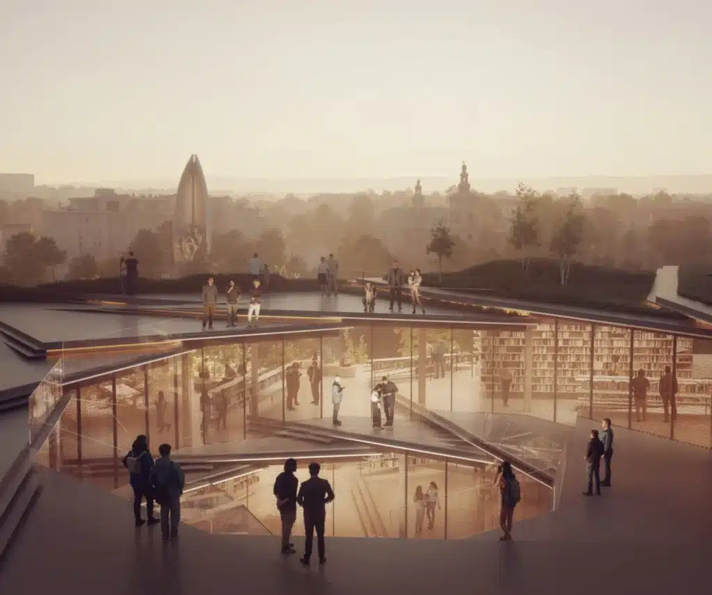 Exterior view of the Spiral Library roof terrace at dusk, showing visitors overlooking the city skyline through glass and metal mesh facades