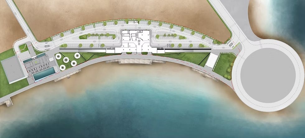 Architectural render of the Kep development at dusk, with illuminated interiors and pathways highlighting the structures' forms against the evening sky.