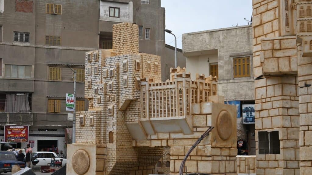 Detailed view of the stone structure at the center of the public square revitalization project, highlighting the masonry and tiered design.