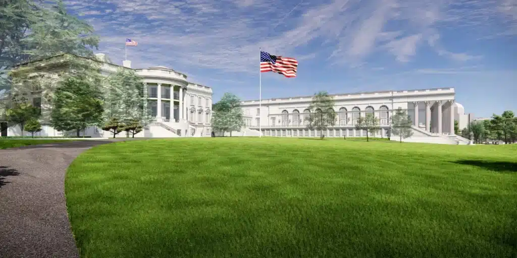 Wide-angle view showing the historic Executive Mansion alongside the massive new White House Ballroom addition on the East Wing site.