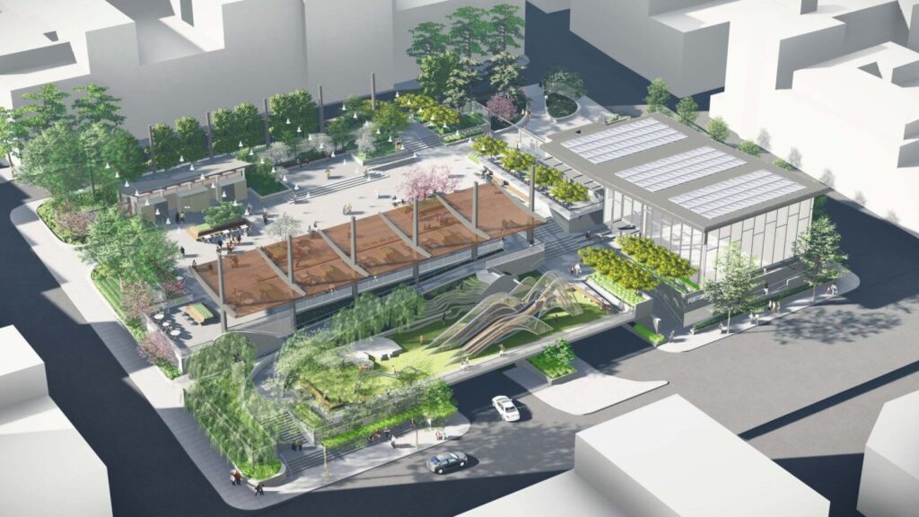 Rendering of new community pavilions and plantings in the Portsmouth Square renovation project.