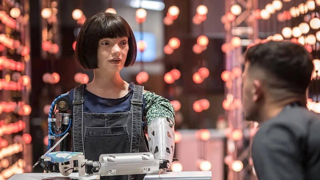 A digital render of the Ai-Da Space Pod, a futuristic modular housing concept created by the humanoid robot artist.