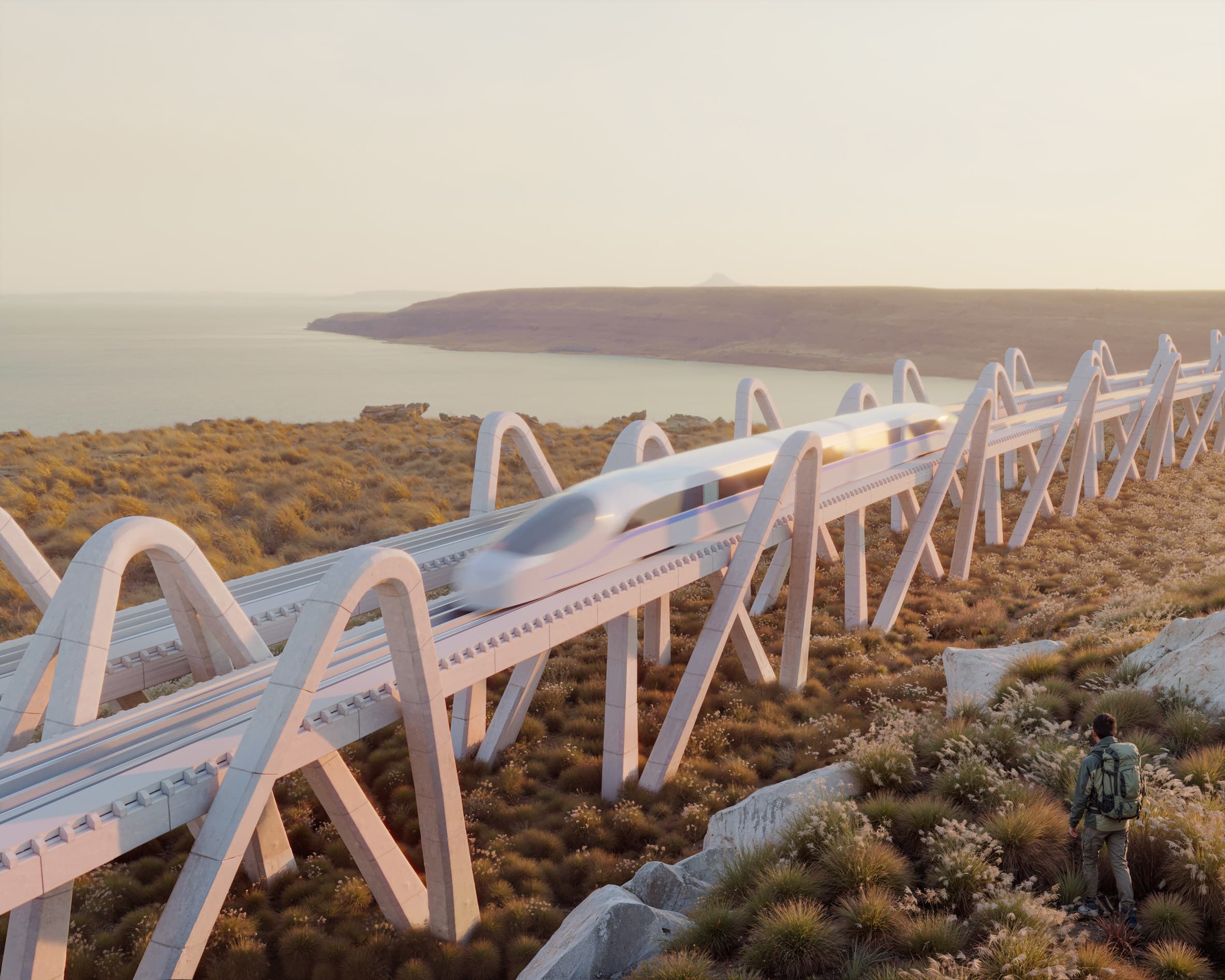 A detailed view of the engineered stone viaduct for The Loop circular city, showing a high-speed train passing through a verdant valley.