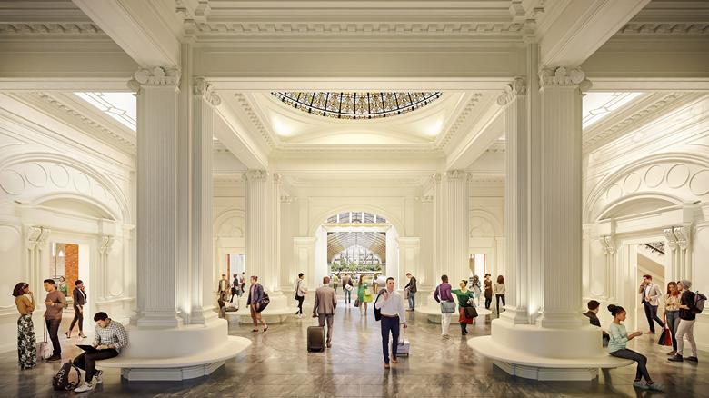 البهو الرئيسي في مقترح تطوير محطة شارع ليفربول، يُظهر الهياكل الحديدية التاريخية المحفوظة إلى جانب الترقيات الحديثة.