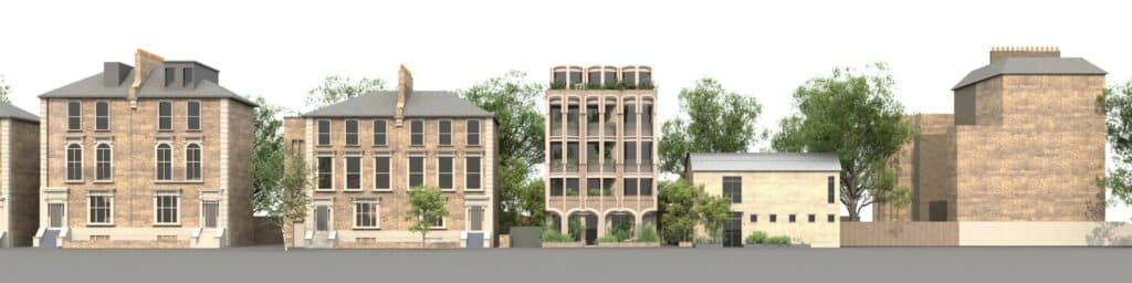 Street view rendering showing how the proposed Camden flats building would integrate with the existing houses on the street.