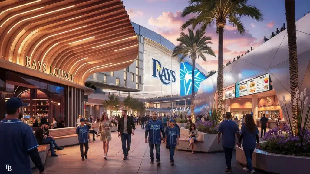 Eye-level perspective of the [ Tampa Rays Stadium ] entrance plaza featuring the Rays Lounge with a curved wooden slat ceiling and a large glass facade.