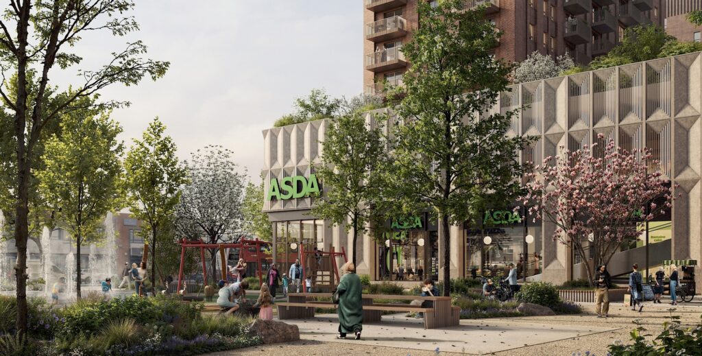 منظور لمستوى الشارع في Brentford residential development يظهر ممرات المشاة والواجهات التجارية والمناظر الطبيعية.