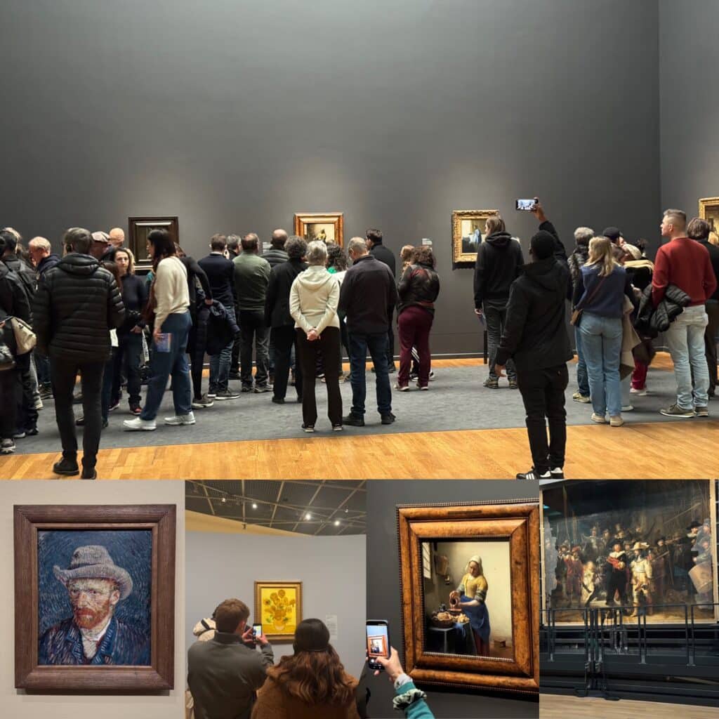 Collage of visitors viewing famous Dutch masterpieces in an Amsterdam art museum, featuring prominent paintings by Van Gogh, Vermeer, and Rembrandt.