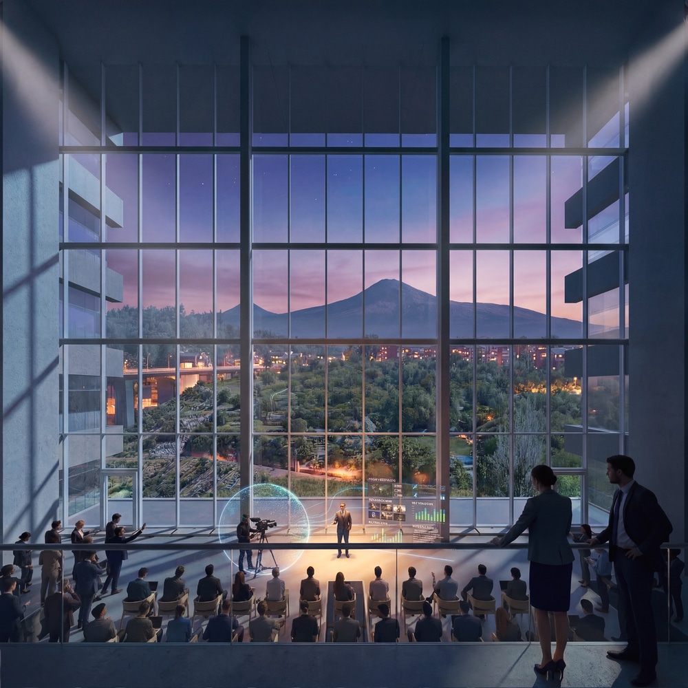 مساحة فعاليات داخلية في مركز تعليمي يريفان تتميز بجدار زجاجي ضخم يؤطر مشهد جبل أرارات عند الغسق.