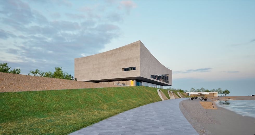 تصيير معماري تفصيلي لمبنى المنارة ضمن مشروع تطوير ساحل كيب، يتميز بتصميمه المعاصر متعدد المستويات.