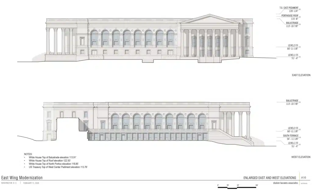 Technical architectural elevation drawings detailing the East and West facades of the proposed White House Ballroom modernization project.