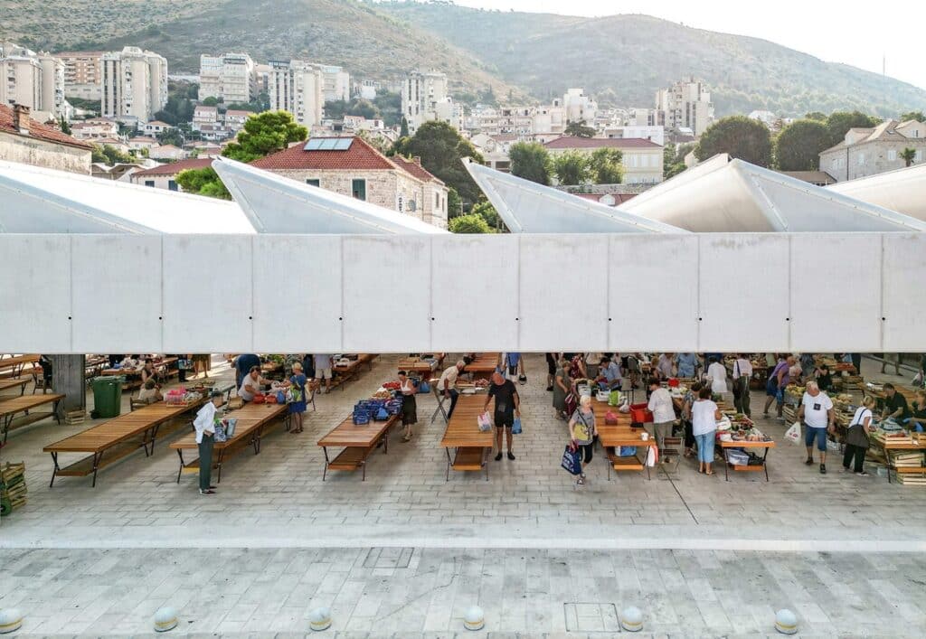 Night view of Dubrovnik Market illuminated awnings next to the summer residence.