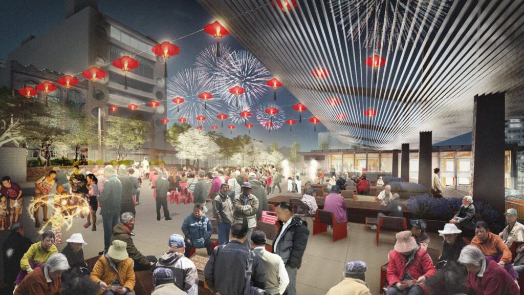 Overhead fixtures designed to support lanterns for cultural celebrations as part of the Portsmouth Square renovation.