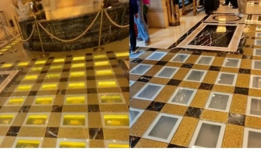 A close up detail of the Swiss gold ingots that made up the Grand Emperor Hotel's Gold Floor, seen under the protective glass.