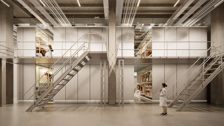 Interior rendering of the sunlit, triple-height atrium in the Debrecen Collection Center, with large exhibition elements and people viewing them.