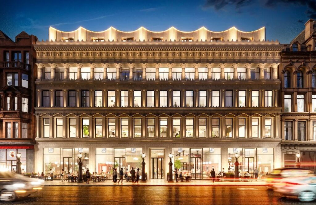 Street-level view of the proposed Egyptian Halls revival, focusing on the ground-floor entrance to the new Scottish food hall.