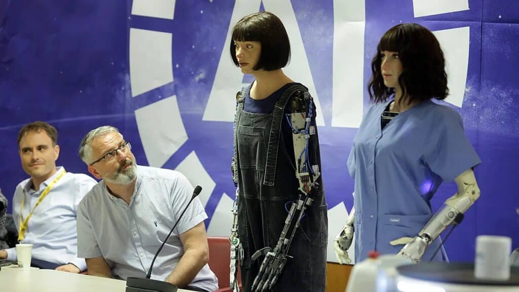 Close up portrait of Ai-Da the humanoid robot artist, showing her realistic facial features and bionic eyes.