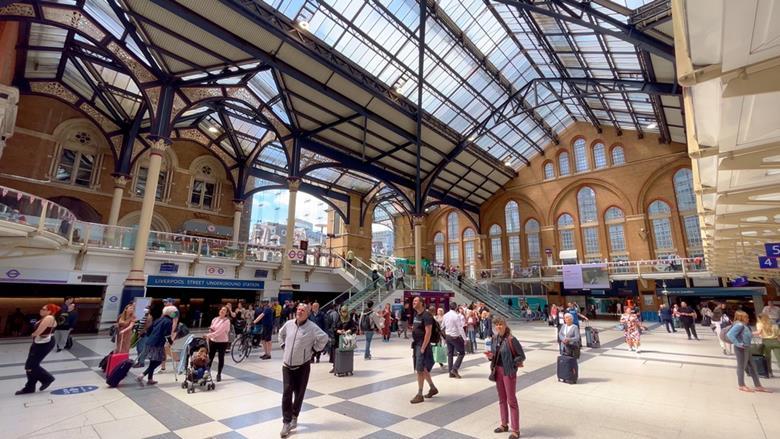 A street level view of the proposed Liverpool Street Station redevelopment, showing the entrance integrated with the urban landscape.