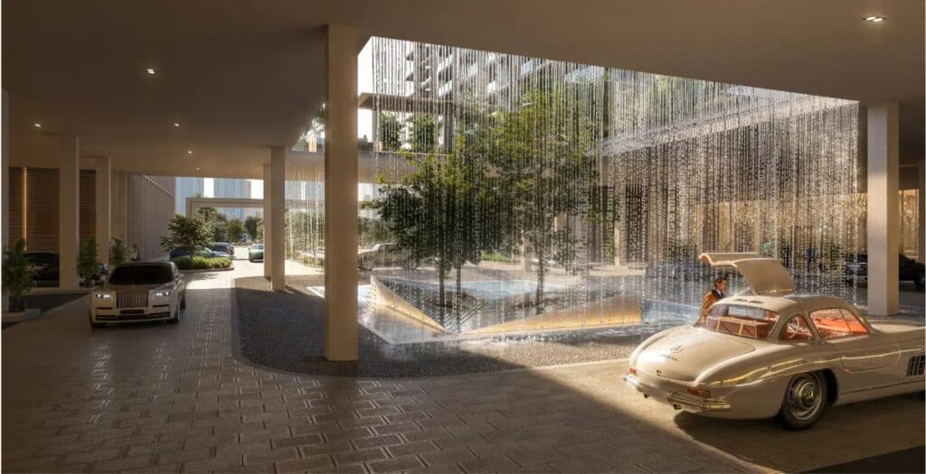 Interior view of a spacious, modern living room in a Zabeel District residence, featuring floor-to-ceiling windows with a city view.
