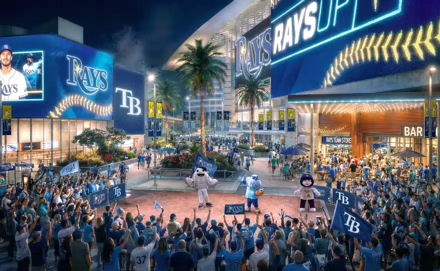  تصور ليلي لمنطقة مشجعين مزدحمة خارج [ Tampa Rays Stadium ] تعرض شاشات LED ضخمة وتمائم الفريق وإضاءة معمارية ديناميكية.