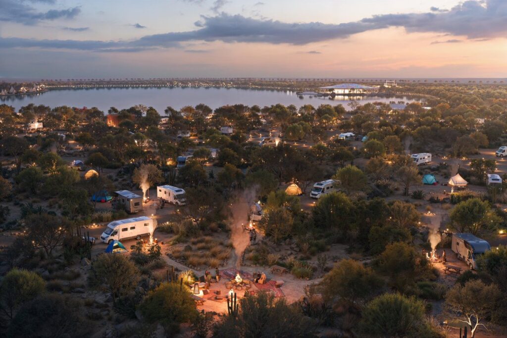 A close-up of a modern architectural pavilion within the Desert Oasis Project, showing the use of natural wood and stone textures beside the tranquil water's edge at twilight.