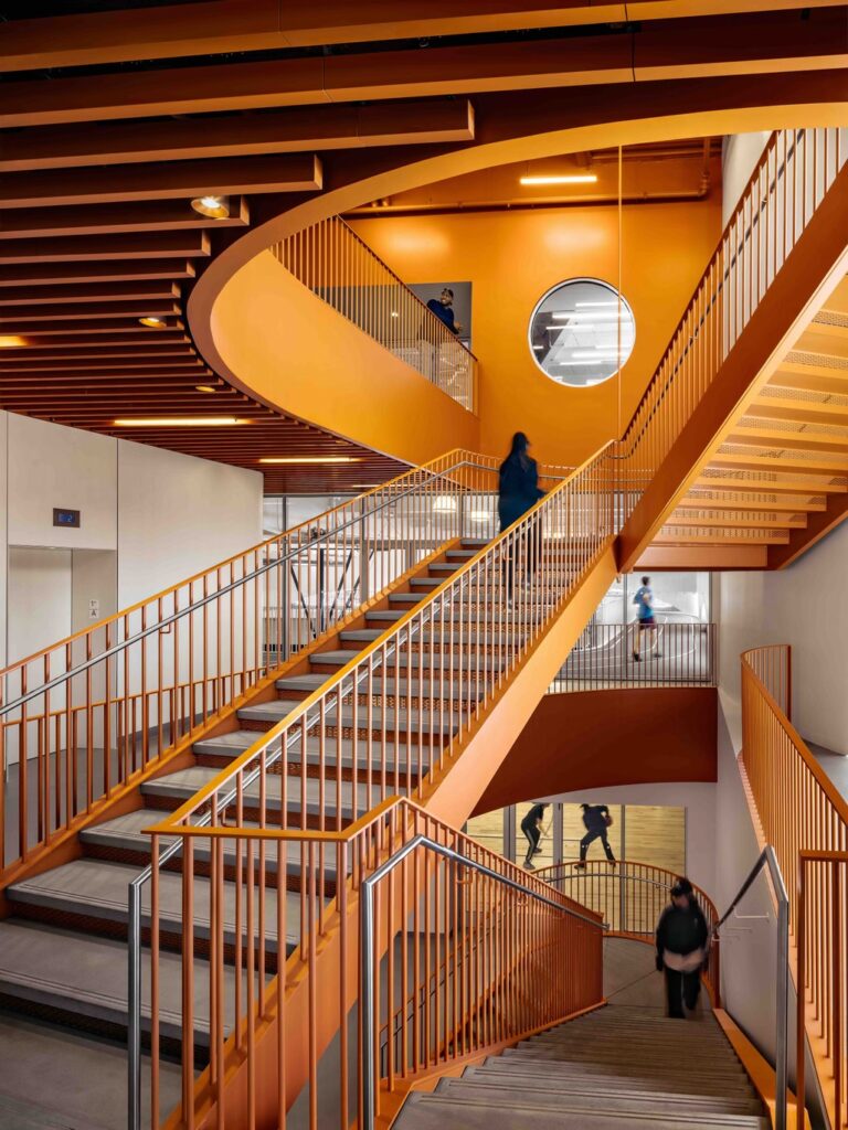 View from the main lobby of the Community Recreation Center, showing interior openings and visual connections between floors.