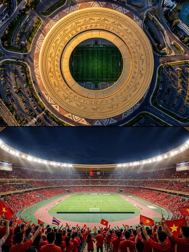Split view showing the drum-patterned roof and the illuminated interior of the Largest Stadium packed with 135,000 spectators.