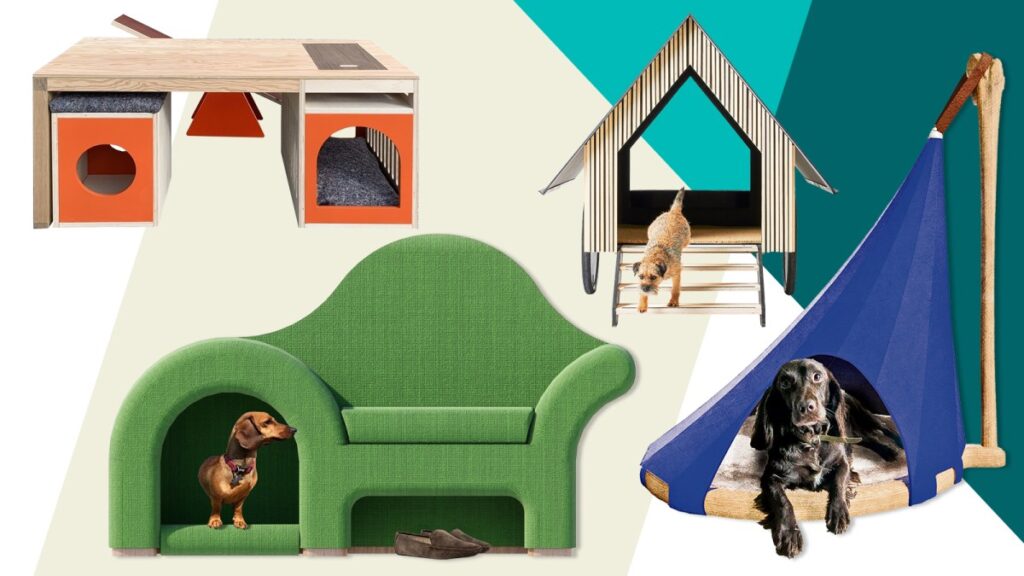 تصميم "K-9 Cave"، وهو بيت كلاب داكن وهندسي بمدخل مثلث، يظهر أمام خلفية طبيعية غير واضحة.