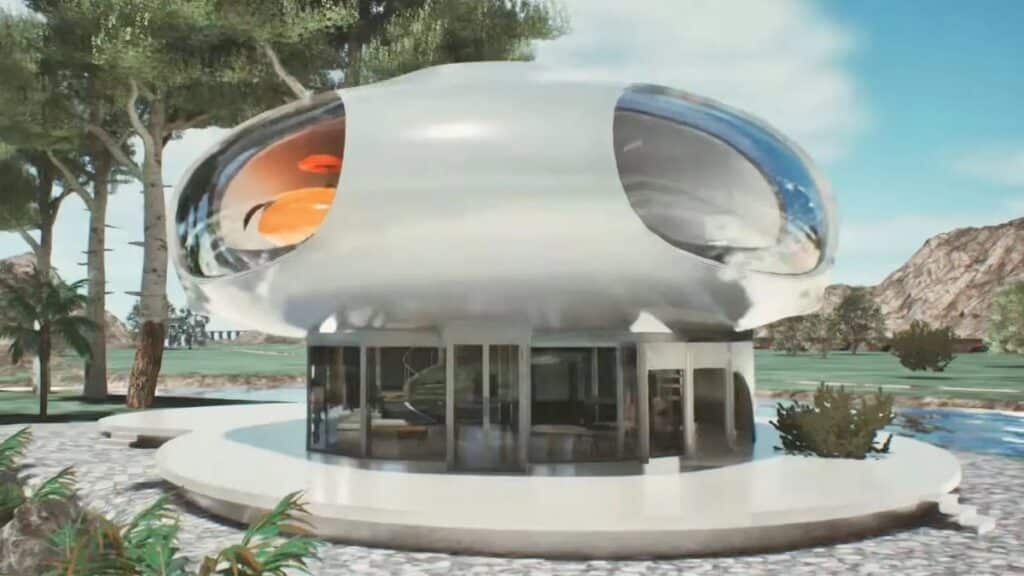 A detailed frontal view of Ai-Da's face, highlighting the intricate construction of her humanoid features and direct gaze.