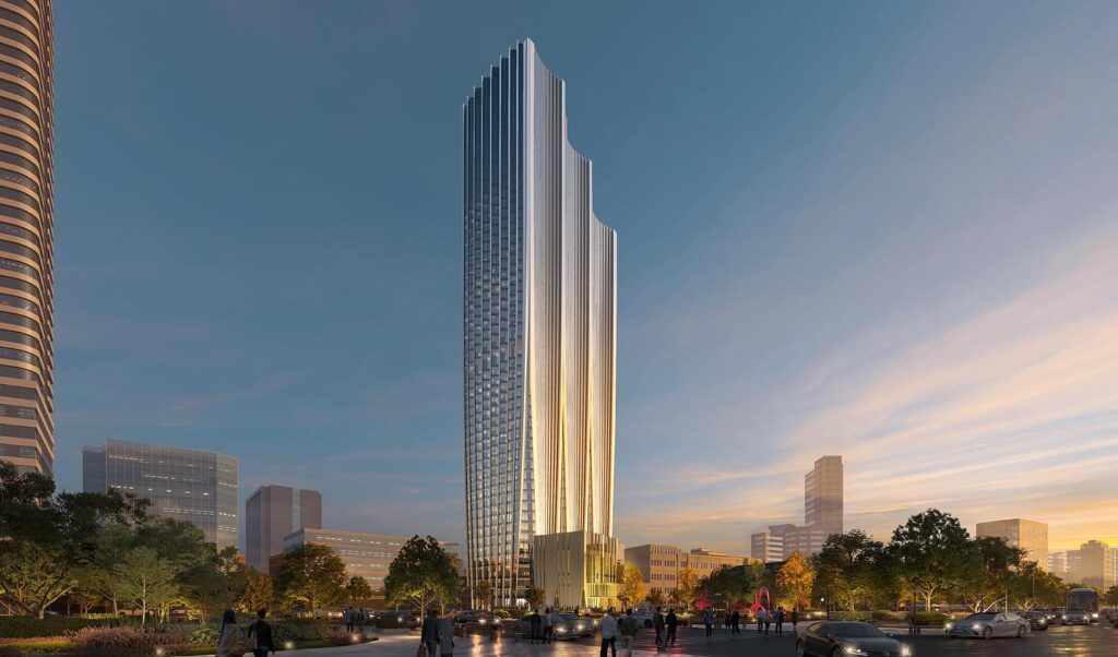 لقطة درامية من زاوية منخفضة تنظر مباشرة إلى الواجهة المخددة والملتوية لبرج تايبيه المالي، مما يبرز شكله المستوحى من زهرة الأوركيد.