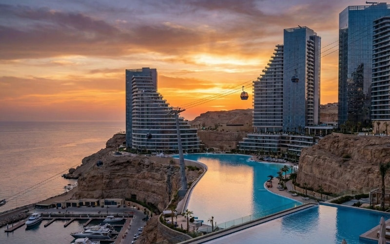 منظر علوي يطل على ساحة مركزية ومنطقة حمام سباحة على ساحل البحر الأحمر، محاطة بالمباني المتدرجة والمناظر الطبيعية الخصبة.