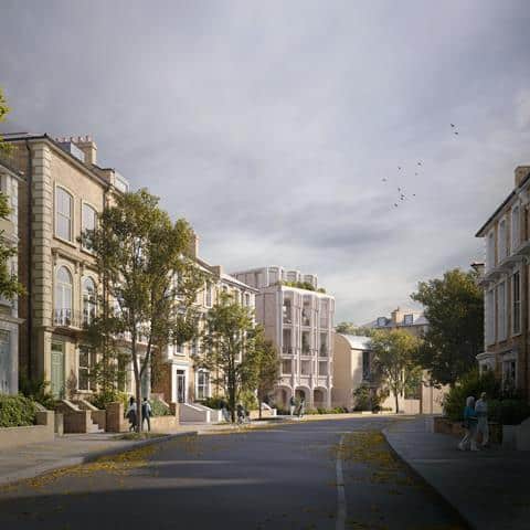 A perspective rendering of the proposed building in north London, showing its massing and relationship to the corner site.