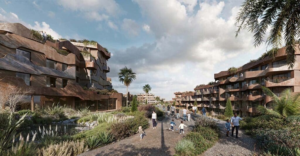 Pedestrians walking along landscaped paths within the terraced residential complex surrounded by native vegetation and water features.