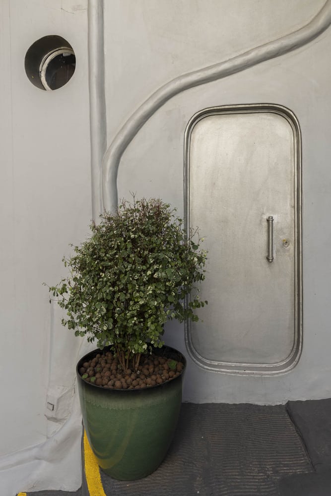 Interior detail showing a rounded metal door and organic hand-molded wall textures covering infrastructure pipes.