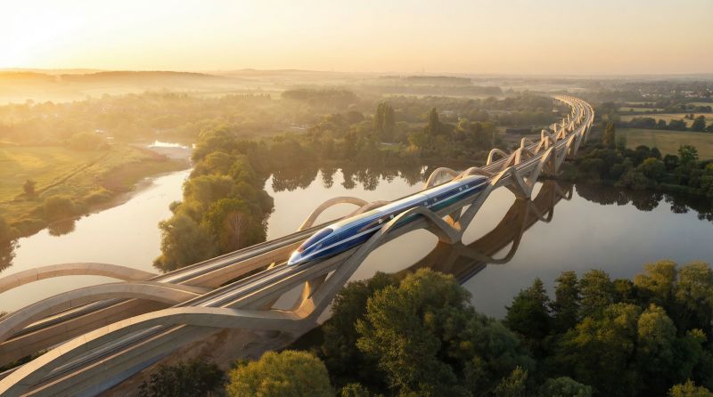 A wide-angle rendering of the high-speed rail viaduct traversing a dramatic, mountainous coastal landscape under a clear sky.