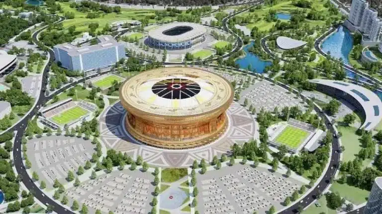 Aerial 3D rendering of the Largest Stadium complex in Hanoi surrounded by training grounds, parking, and water features.