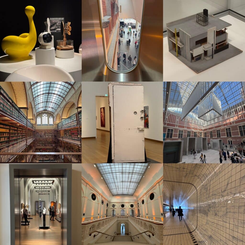 A 3x3 photo grid showcasing interior architecture and museum spaces in Amsterdam, including the historic Cuypers Library at the Rijksmuseum and various modern staircases.