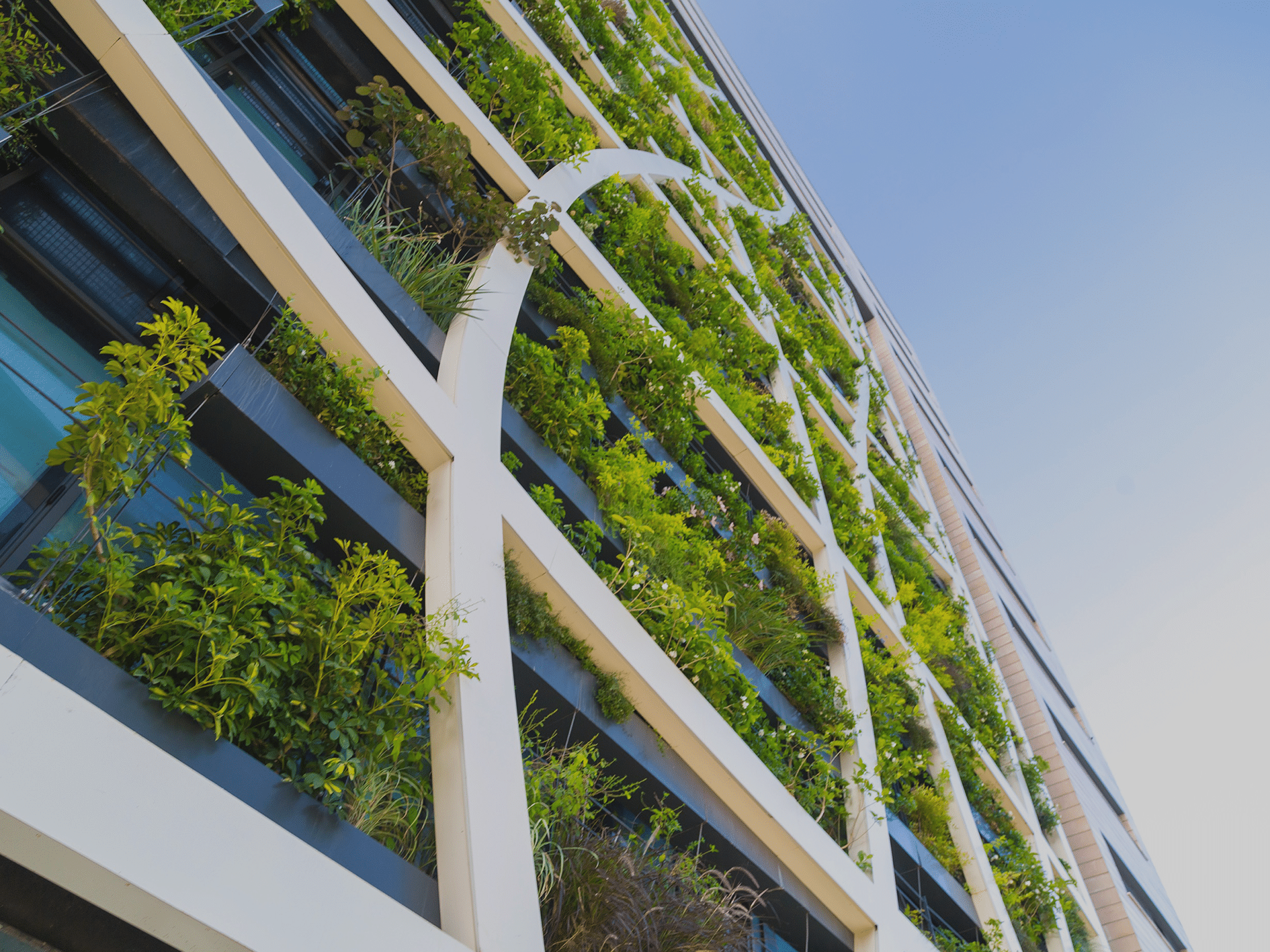 A low-angle shot of a modern white building facade covered in lush green plants and vertical gardens integrated into its balconies.