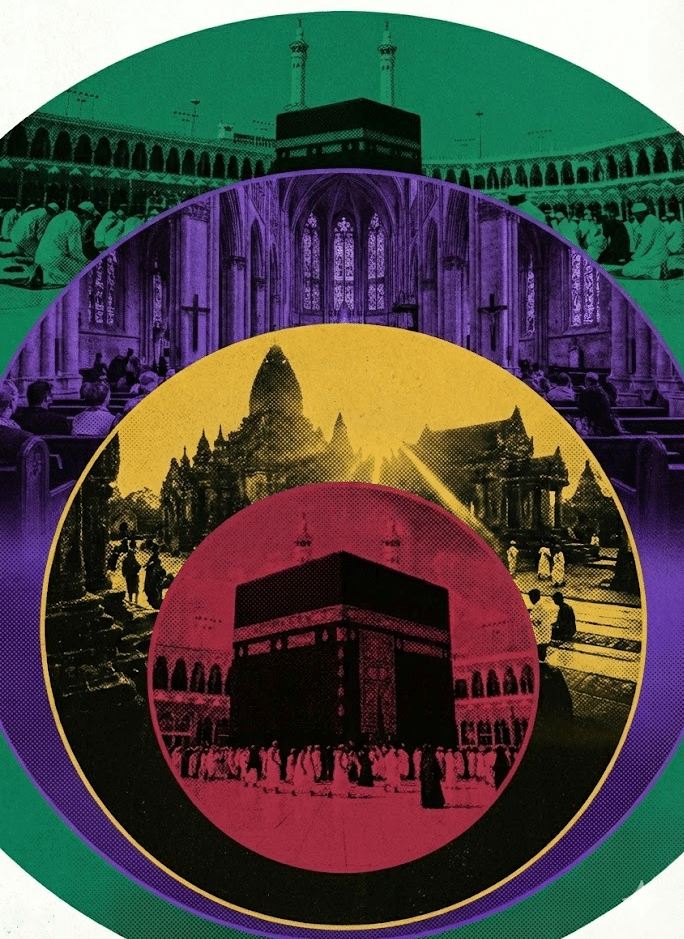 A stylized halftone illustration featuring concentric circles of different colors, depicting diverse religious architectures including the Kaaba in Mecca, a Buddhist temple, and a Christian cathedral interior.
