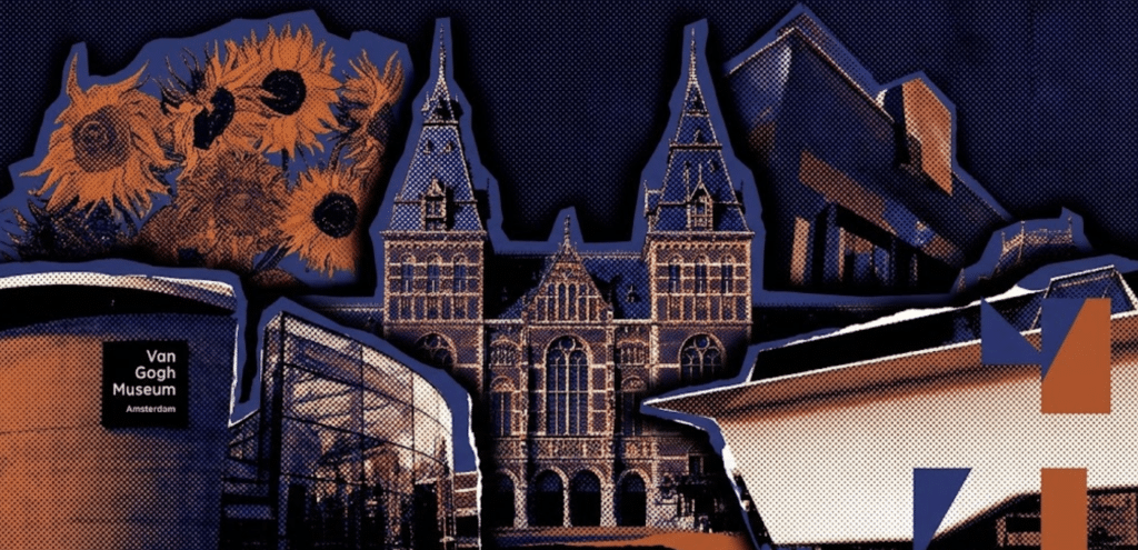 A pop-art style torn-paper collage in dark blue and orange, featuring the historic Rijksmuseum, a detail of Van Gogh's Sunflowers, and the modern Van Gogh Museum in Amsterdam.
